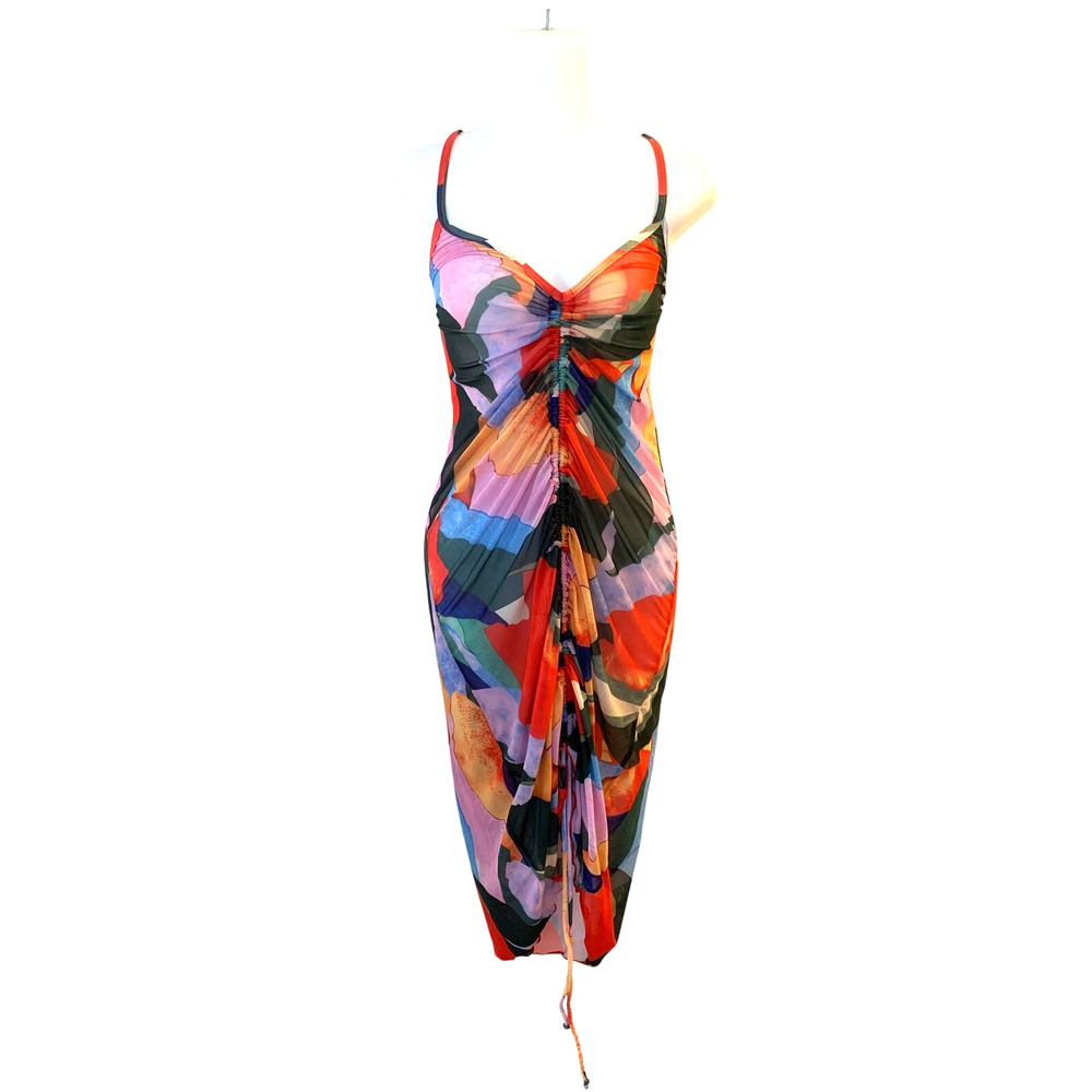 Colorful Abstract Print Ruched Mesh Bodycon Sheer Dress Large Vacation Beach